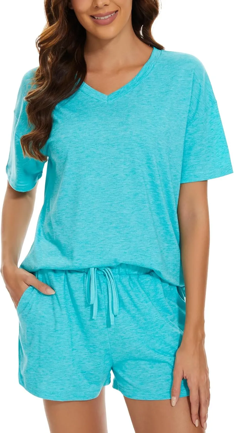LOCUBE Women's Pajama Set Short Sleeve V-Neck & Pocketed Drawstring Shorts, Comfy Summer Lounge Set, S-XXL