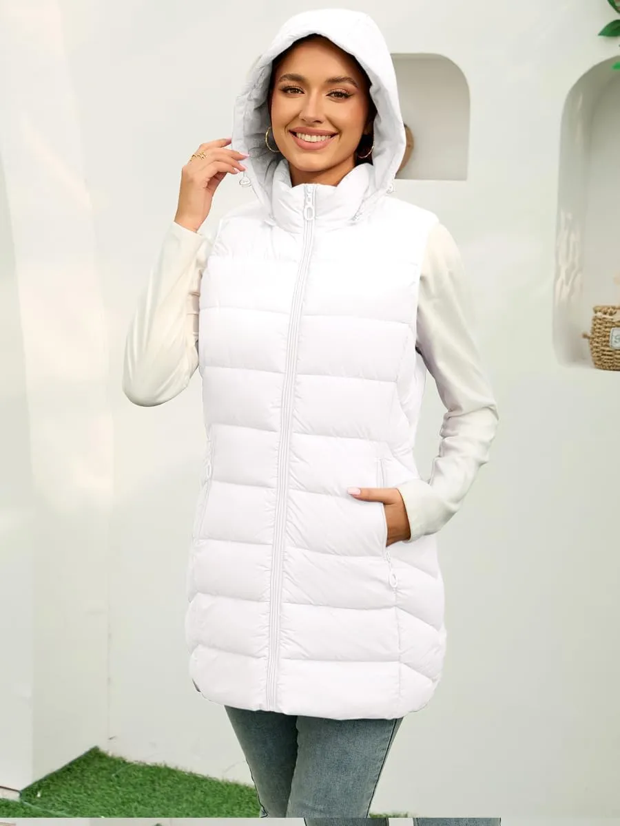 Long Puffer Vest for Women with Hood Lightweight Packable Sleeveless Down Vest for Spring, Fall & Winter