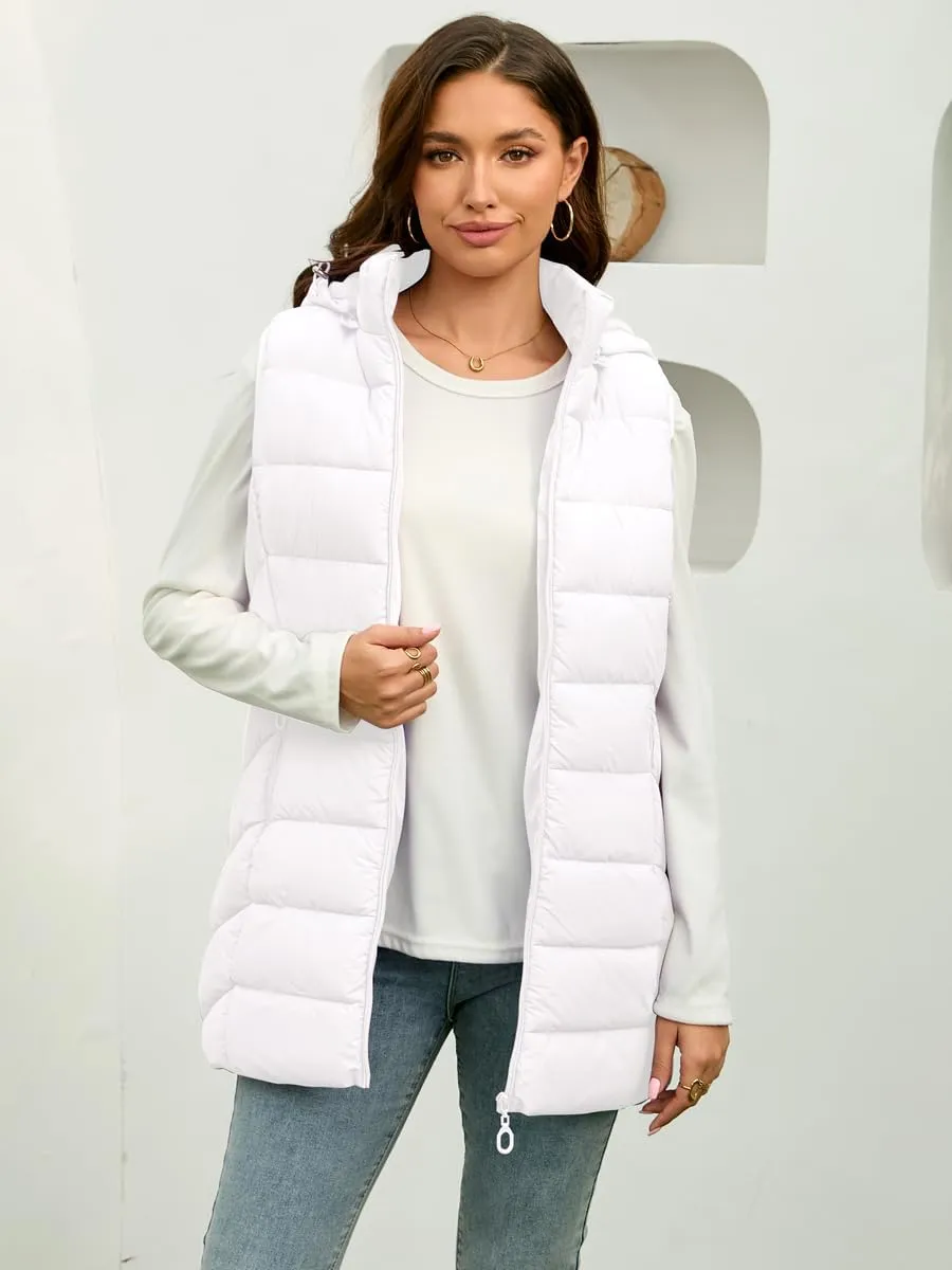 Long Puffer Vest for Women with Hood Lightweight Packable Sleeveless Down Vest for Spring, Fall & Winter