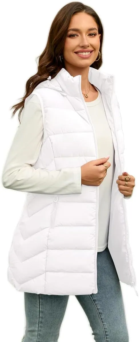 Long Puffer Vest for Women with Hood Lightweight Packable Sleeveless Down Vest for Spring, Fall & Winter