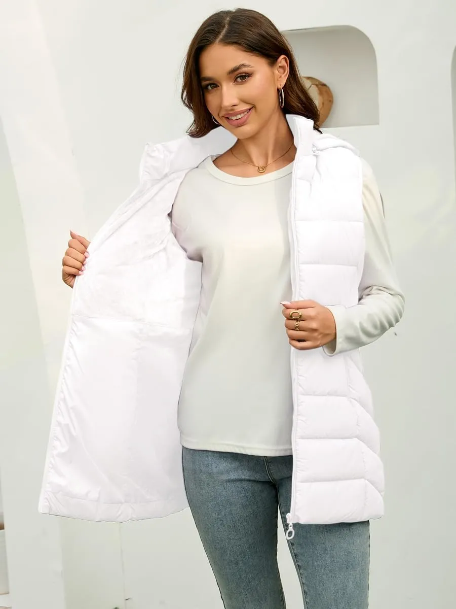 Long Puffer Vest for Women with Hood Lightweight Packable Sleeveless Down Vest for Spring, Fall & Winter