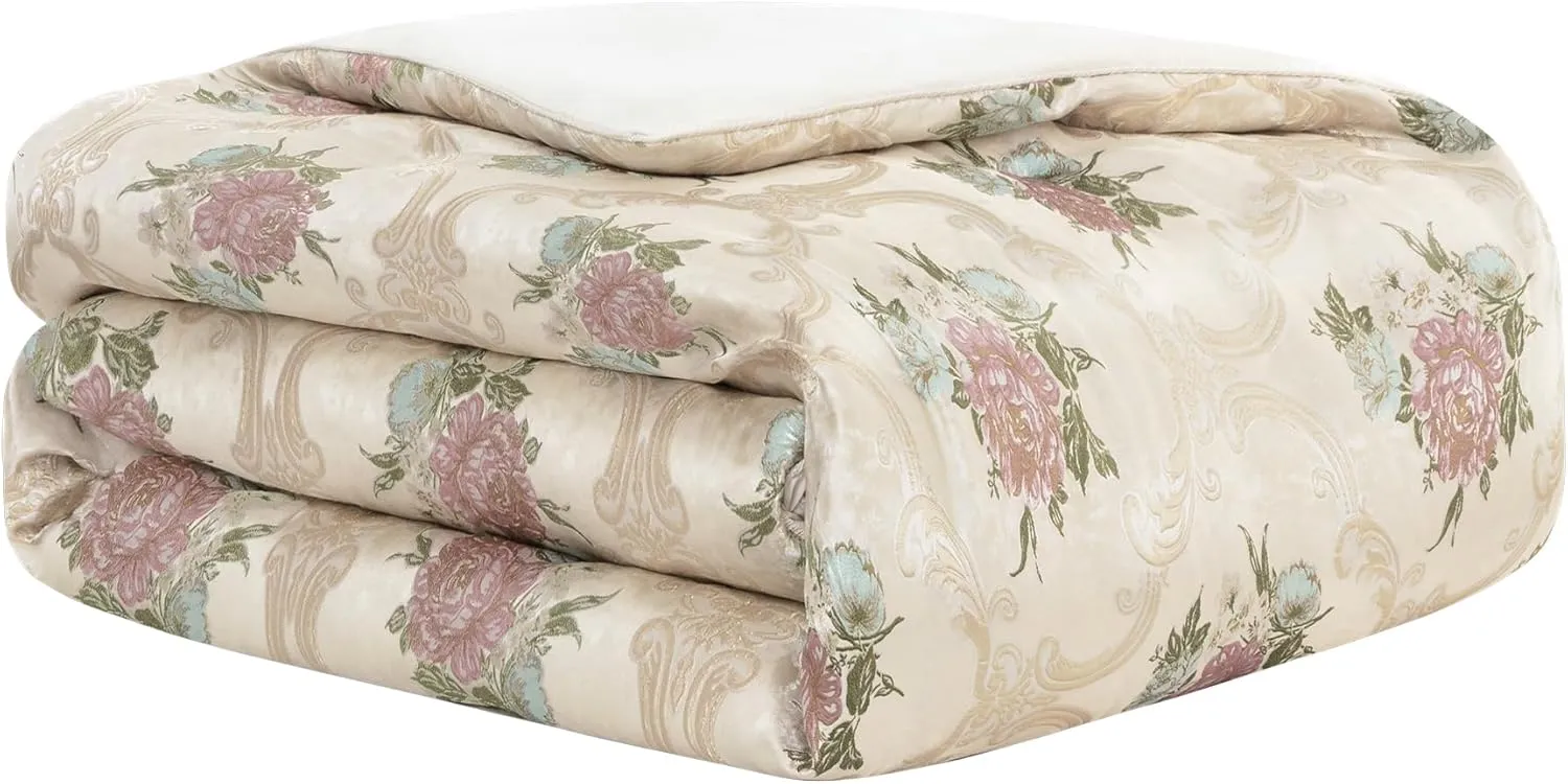 Loom and Mill 9-Piece Luxury European Floral Comforter Sets, Romantic French-Style Jacquard Bedding Set Queen Size with Euro Shams, Bedskirt, Filled Decorative Pillow for Home(Pearly Beige,Queen)