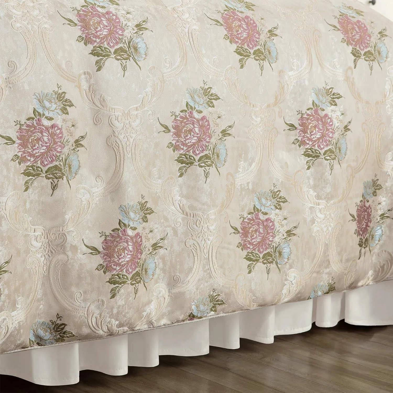 Loom and Mill 9-Piece Luxury European Floral Comforter Sets, Romantic French-Style Jacquard Bedding Set Queen Size with Euro Shams, Bedskirt, Filled Decorative Pillow for Home(Pearly Beige,Queen)