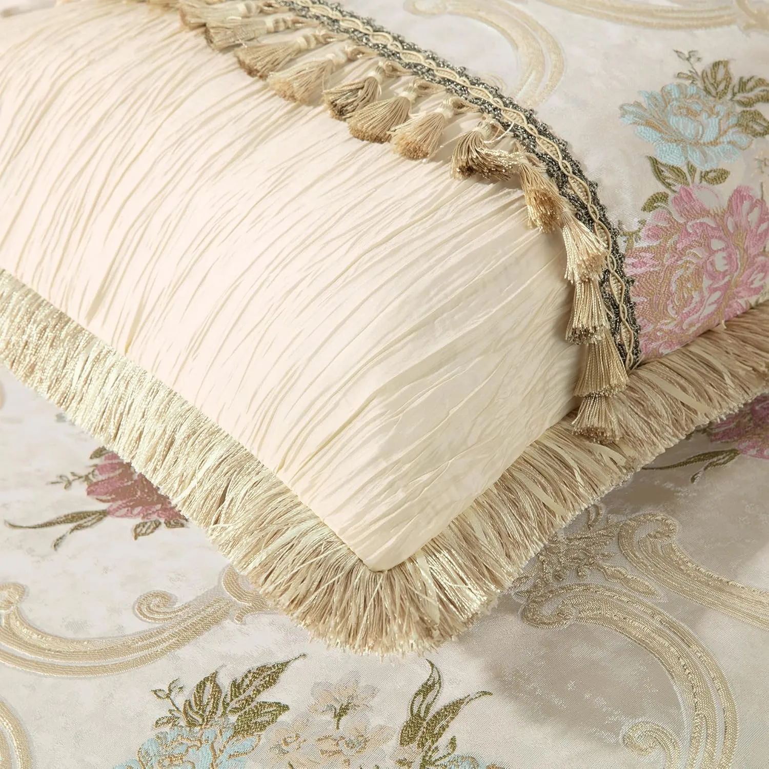 Loom and Mill 9-Piece Luxury European Floral Comforter Sets, Romantic French-Style Jacquard Bedding Set Queen Size with Euro Shams, Bedskirt, Filled Decorative Pillow for Home(Pearly Beige,Queen)
