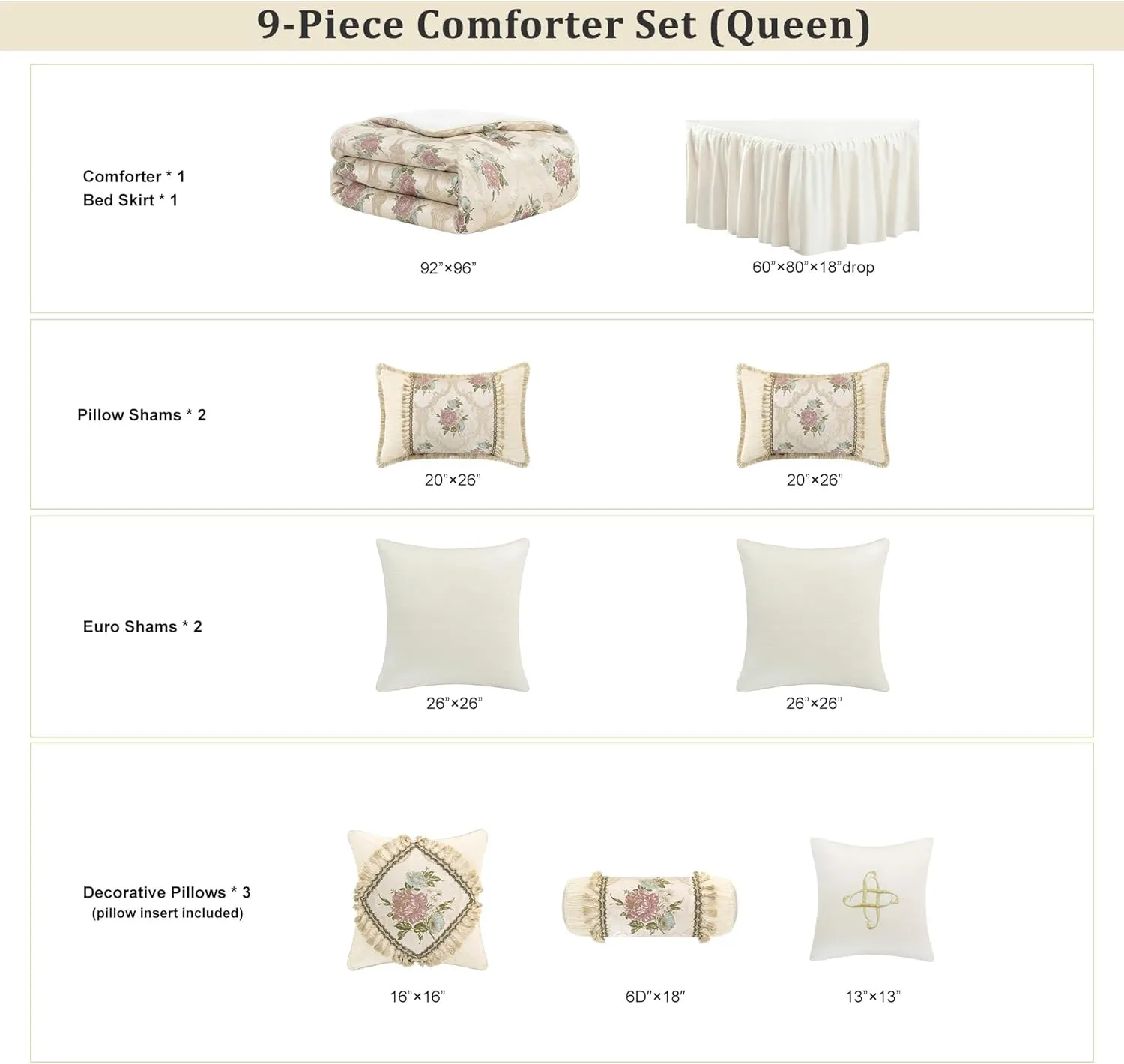 Loom and Mill 9-Piece Luxury European Floral Comforter Sets, Romantic French-Style Jacquard Bedding Set Queen Size with Euro Shams, Bedskirt, Filled Decorative Pillow for Home(Pearly Beige,Queen)