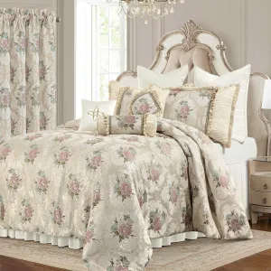 Loom and Mill 9-Piece Luxury European Floral Comforter Sets, Romantic French-Style Jacquard Bedding Set Queen Size with Euro Shams, Bedskirt, Filled Decorative Pillow for Home(Pearly Beige,Queen)
