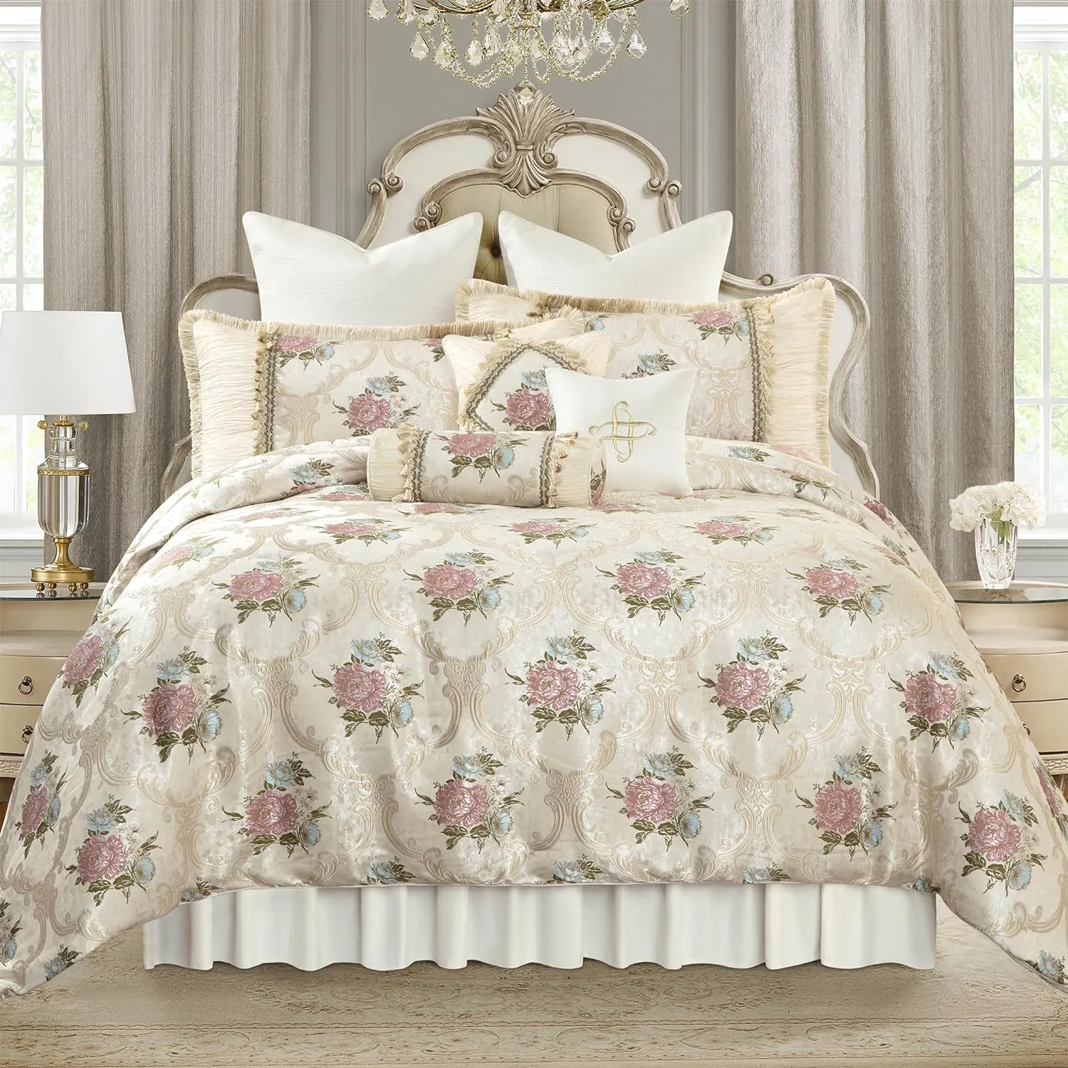 Loom and Mill 9-Piece Luxury European Floral Comforter Sets, Romantic French-Style Jacquard Bedding Set Queen Size with Euro Shams, Bedskirt, Filled Decorative Pillow for Home(Pearly Beige,Queen)