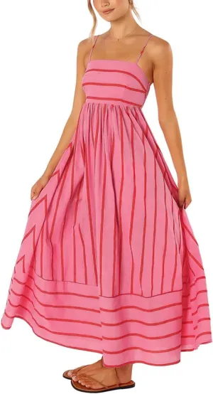 loveimgs Women's Summer Casual Striped Smocked Maxi Dress Spaghetti Strap Cut Out Flowy Swing Long Dresses