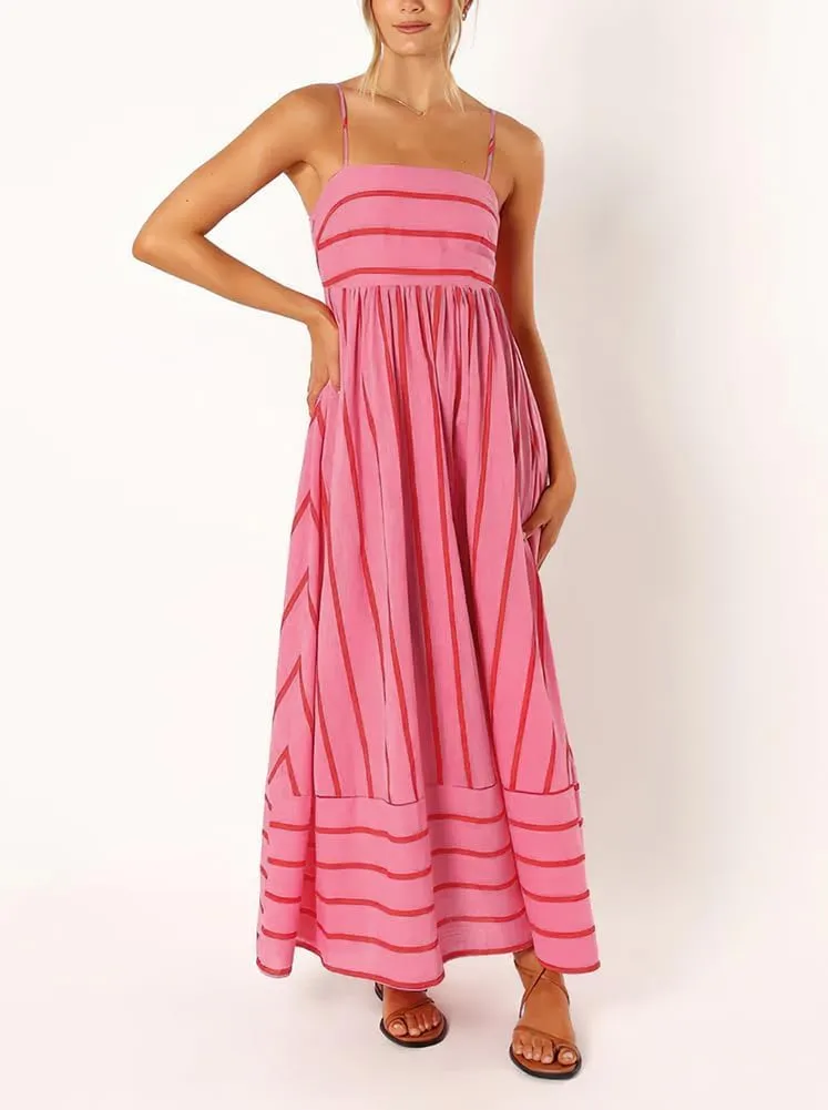 loveimgs Women's Summer Casual Striped Smocked Maxi Dress Spaghetti Strap Cut Out Flowy Swing Long Dresses