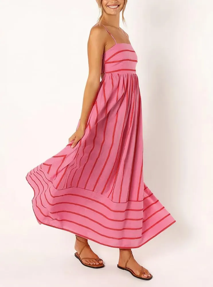 loveimgs Women's Summer Casual Striped Smocked Maxi Dress Spaghetti Strap Cut Out Flowy Swing Long Dresses