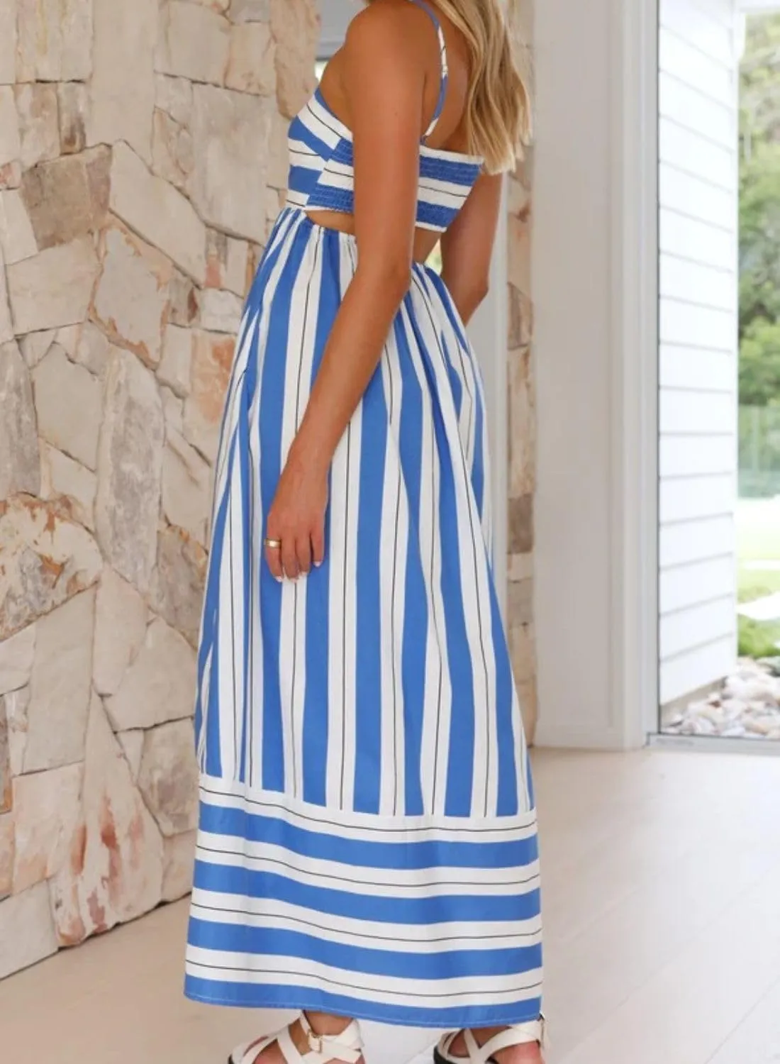 loveimgs Women's Summer Casual Striped Smocked Maxi Dress Spaghetti Strap Cut Out Flowy Swing Long Dresses