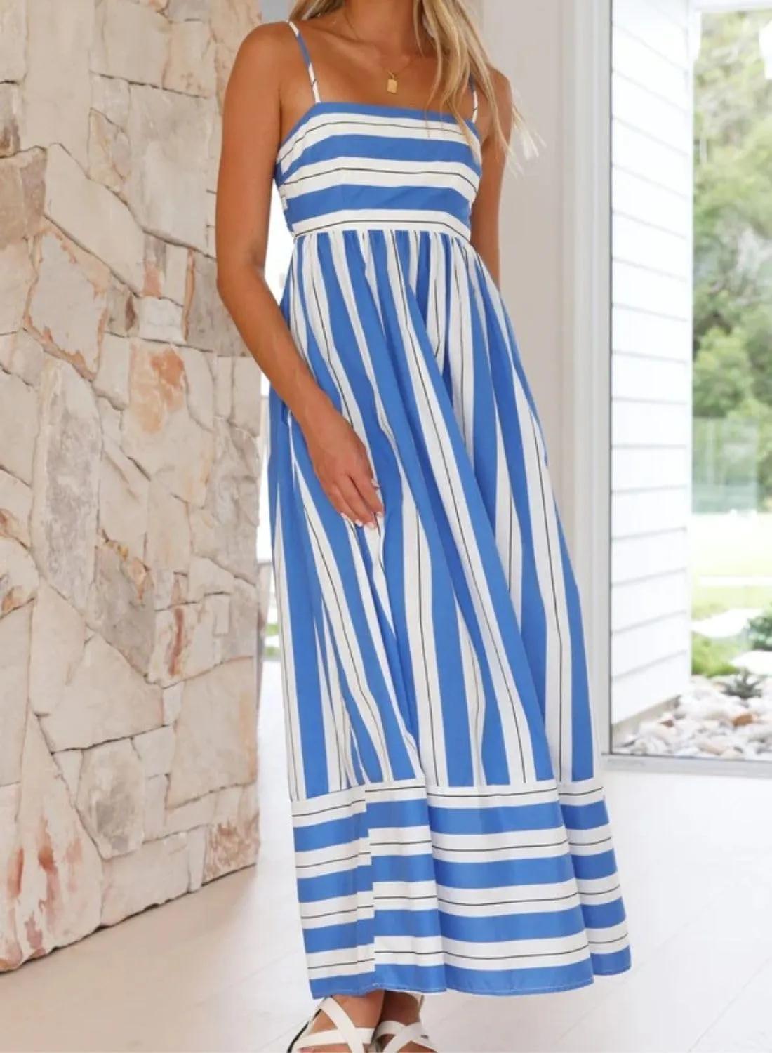 loveimgs Women's Summer Casual Striped Smocked Maxi Dress Spaghetti Strap Cut Out Flowy Swing Long Dresses