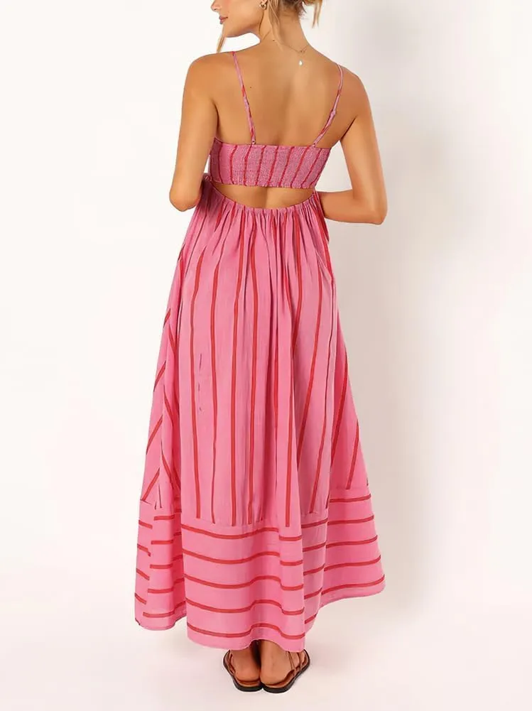 loveimgs Women's Summer Casual Striped Smocked Maxi Dress Spaghetti Strap Cut Out Flowy Swing Long Dresses