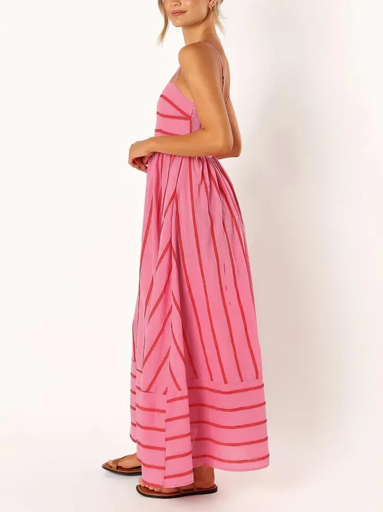 loveimgs Women's Summer Casual Striped Smocked Maxi Dress Spaghetti Strap Cut Out Flowy Swing Long Dresses