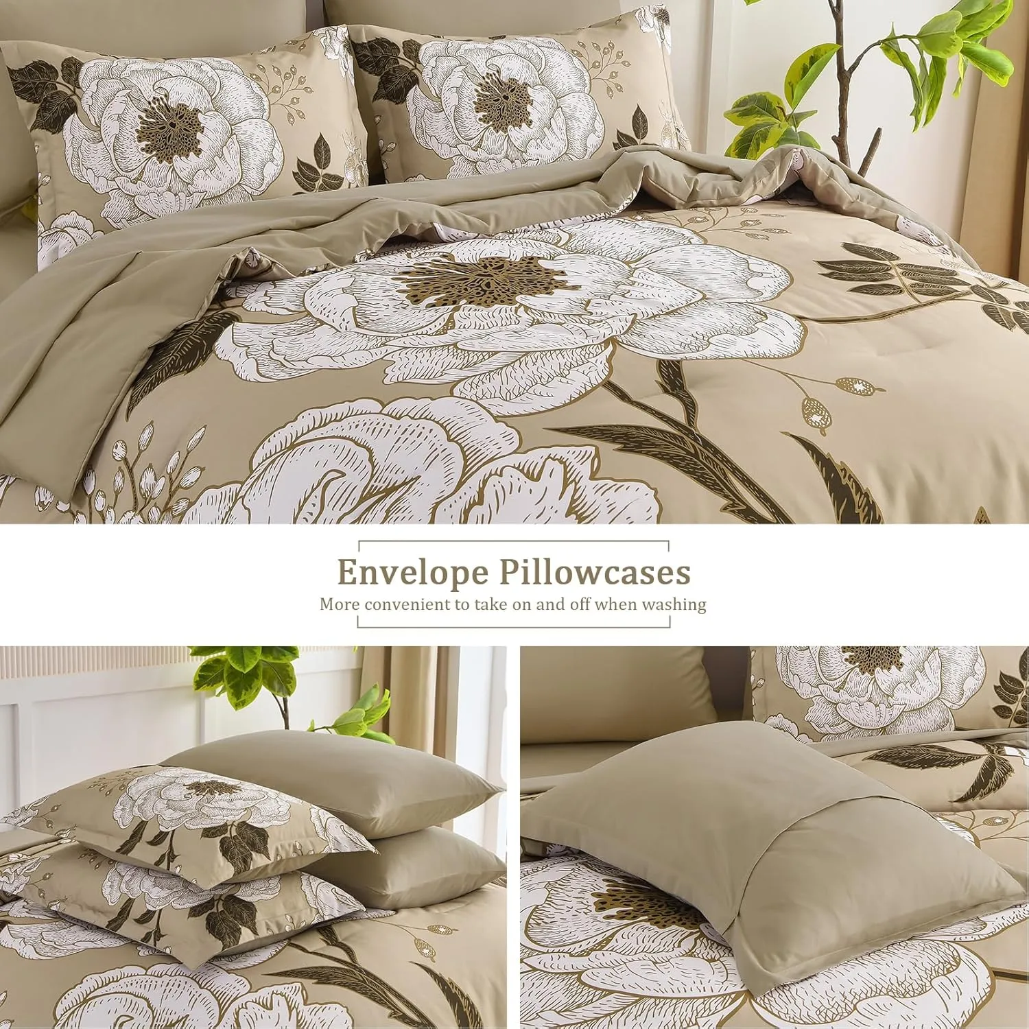 Luxudecor Floral Queen Comforter Set 7 Pieces Bed in a Bag, White Flower Print on Khaki Bedding Set, Soft Reversible Comforter with Sheet Set 90"x90"