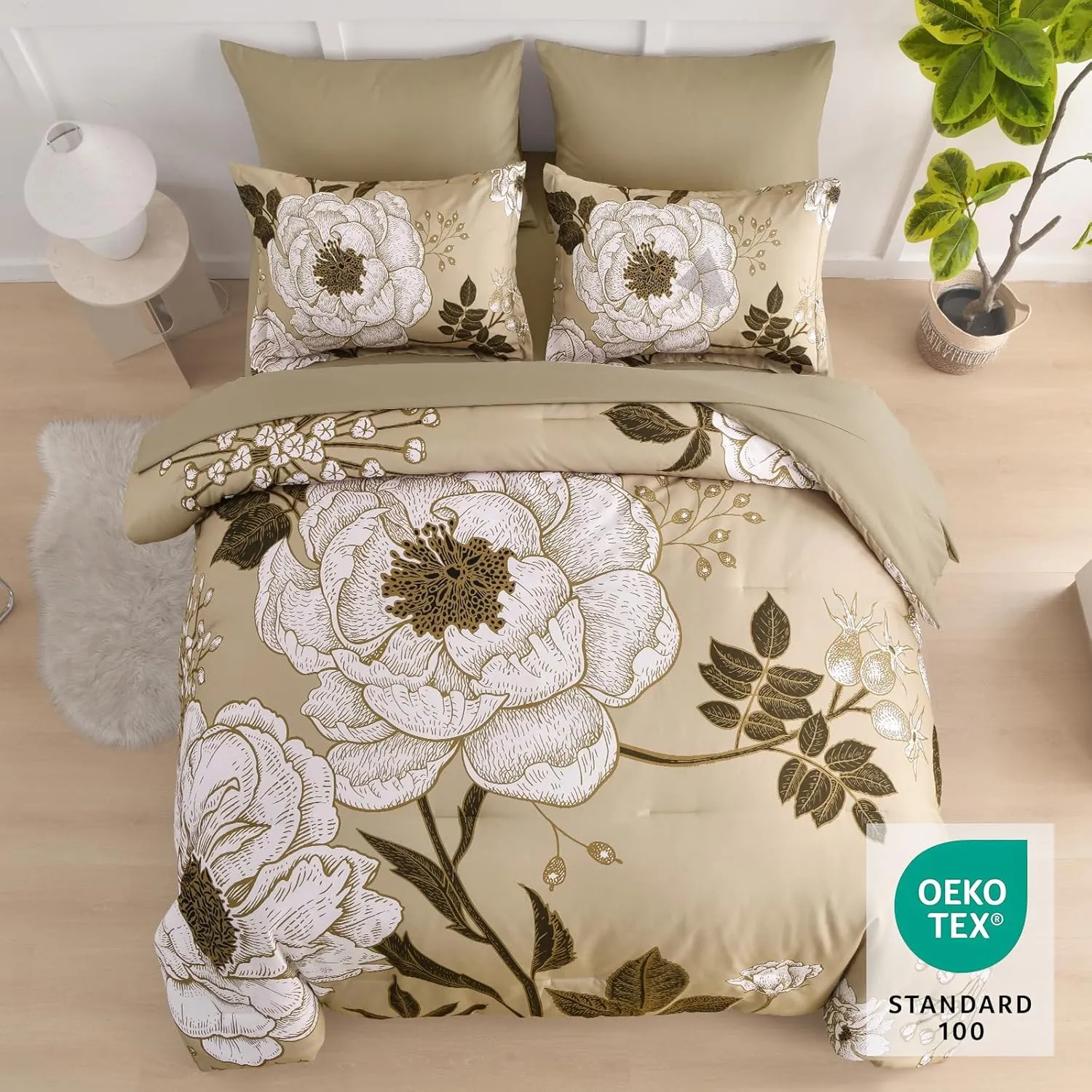 Luxudecor Floral Queen Comforter Set 7 Pieces Bed in a Bag, White Flower Print on Khaki Bedding Set, Soft Reversible Comforter with Sheet Set 90"x90"