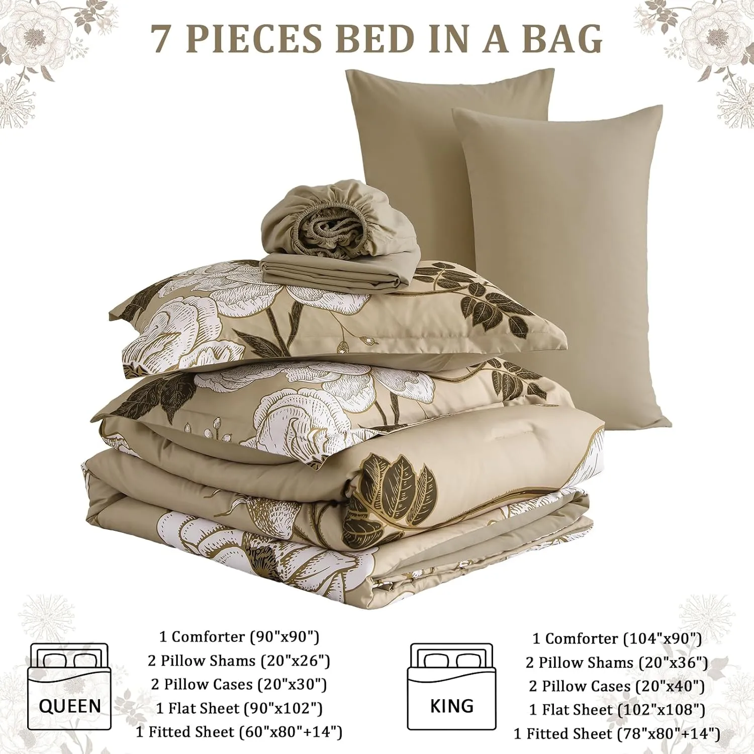 Luxudecor Floral Queen Comforter Set 7 Pieces Bed in a Bag, White Flower Print on Khaki Bedding Set, Soft Reversible Comforter with Sheet Set 90"x90"