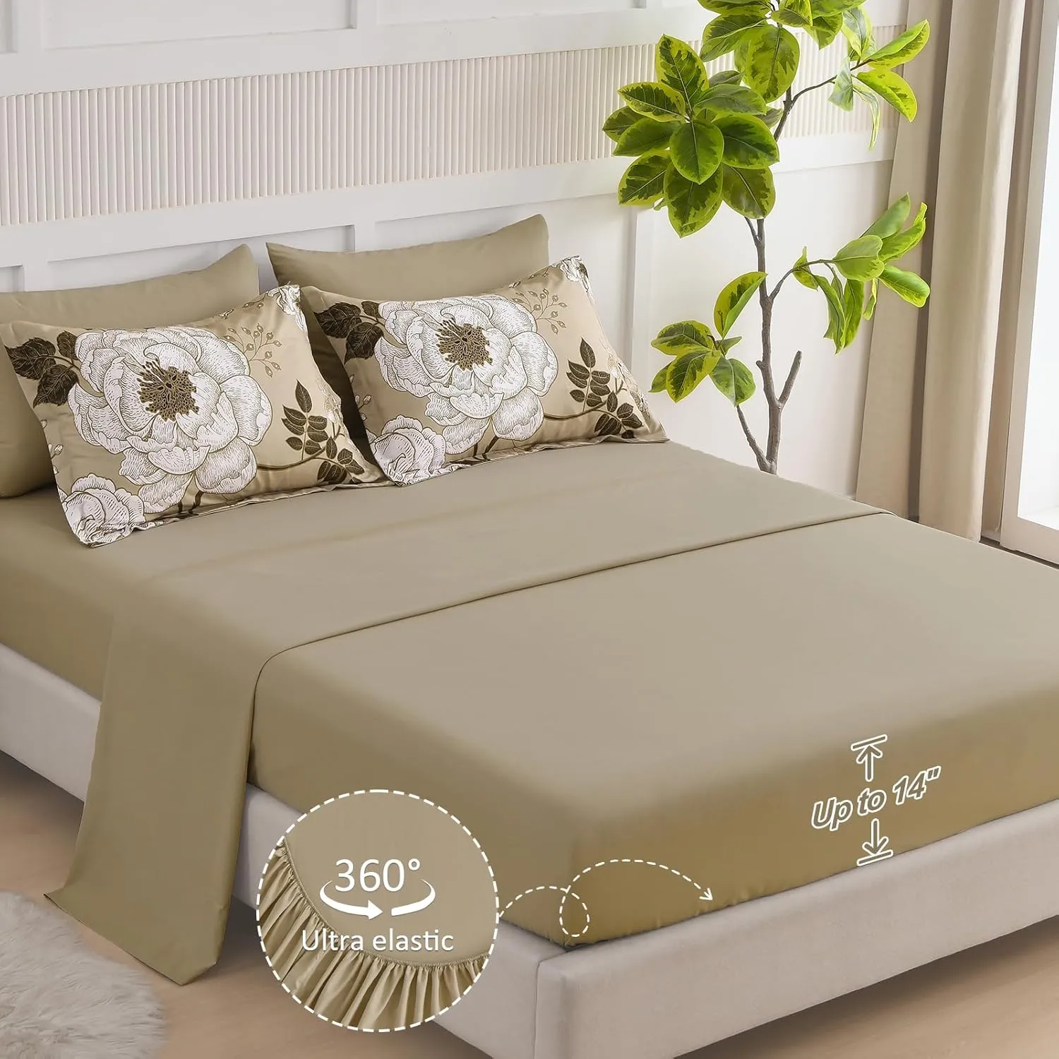 Luxudecor Floral Queen Comforter Set 7 Pieces Bed in a Bag, White Flower Print on Khaki Bedding Set, Soft Reversible Comforter with Sheet Set 90"x90"