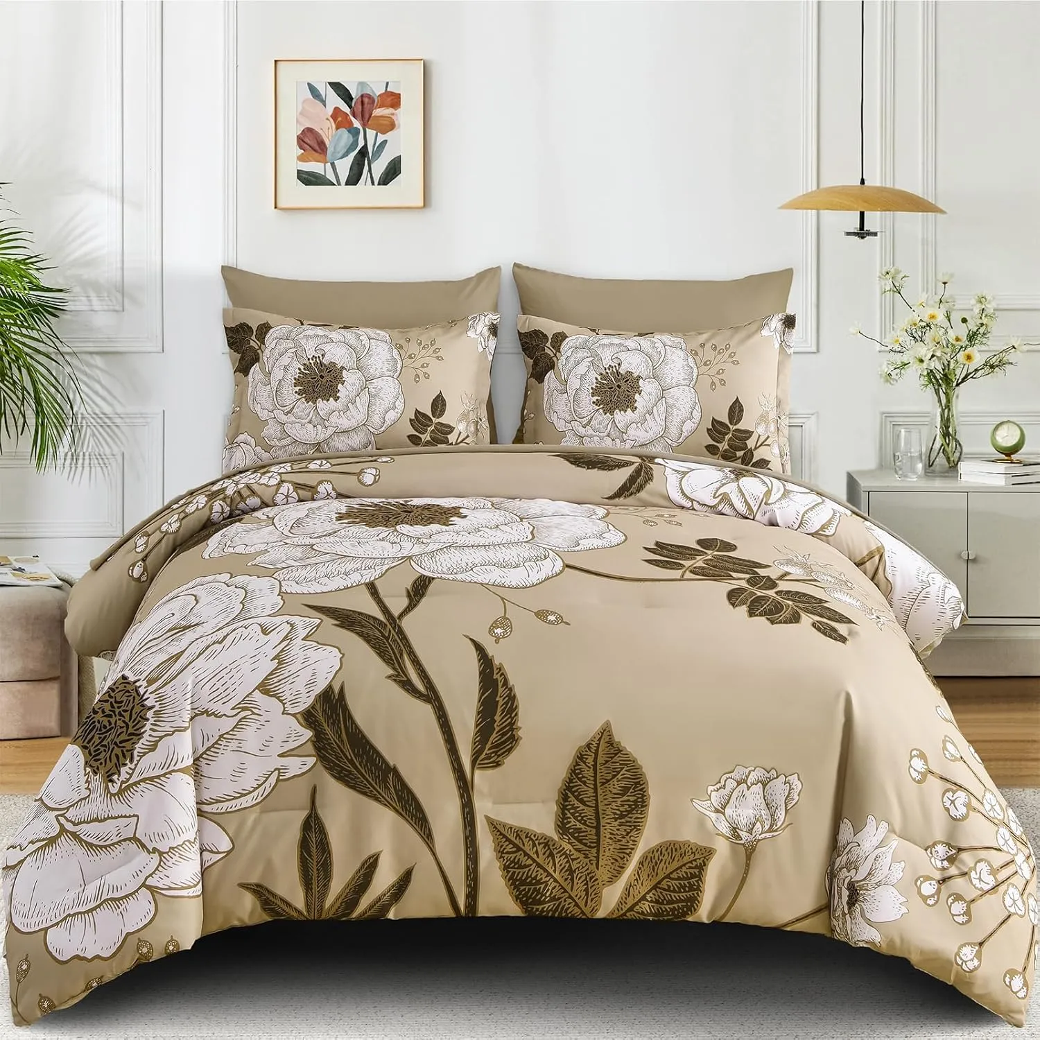 Luxudecor Floral Queen Comforter Set 7 Pieces Bed in a Bag, White Flower Print on Khaki Bedding Set, Soft Reversible Comforter with Sheet Set 90"x90"