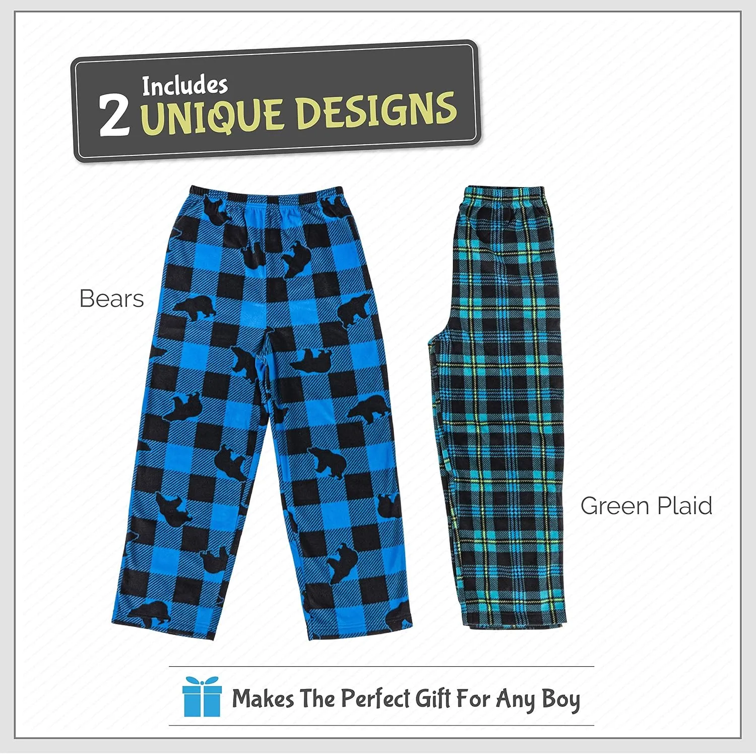 Mad Dog Boys Pajama Pants - Soft Fleece PJ Bottoms for Kids - Buffalo Plaid Lounge Pants, Warm & Comfy Microfleece 2PK Set