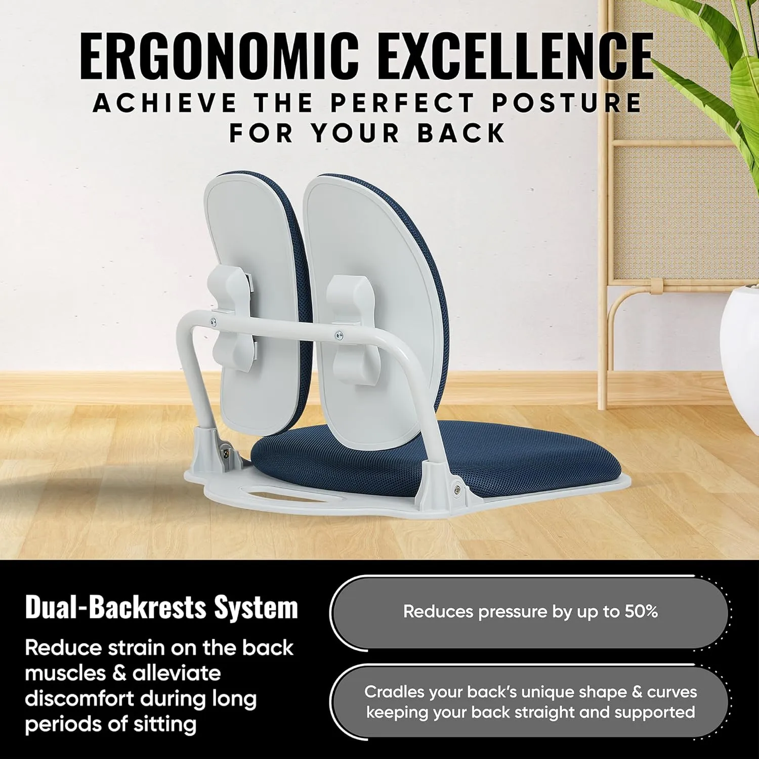 Made in Korea Dual-Backrests Ergonomic Floor Chair With Back Support - Meditation, Gaming, Reading Chair for Adults, Foldable (Blue)