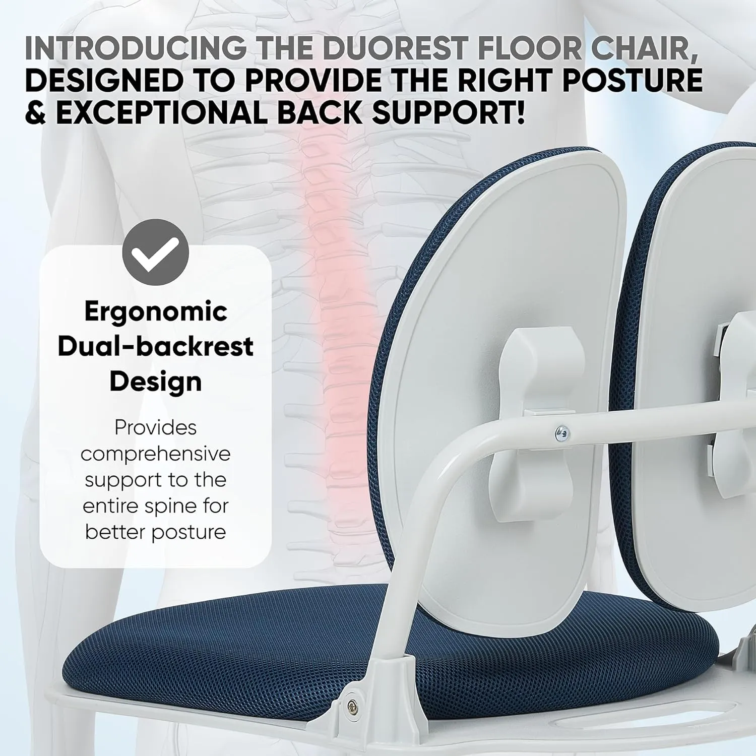 Made in Korea Dual-Backrests Ergonomic Floor Chair With Back Support - Meditation, Gaming, Reading Chair for Adults, Foldable (Blue)