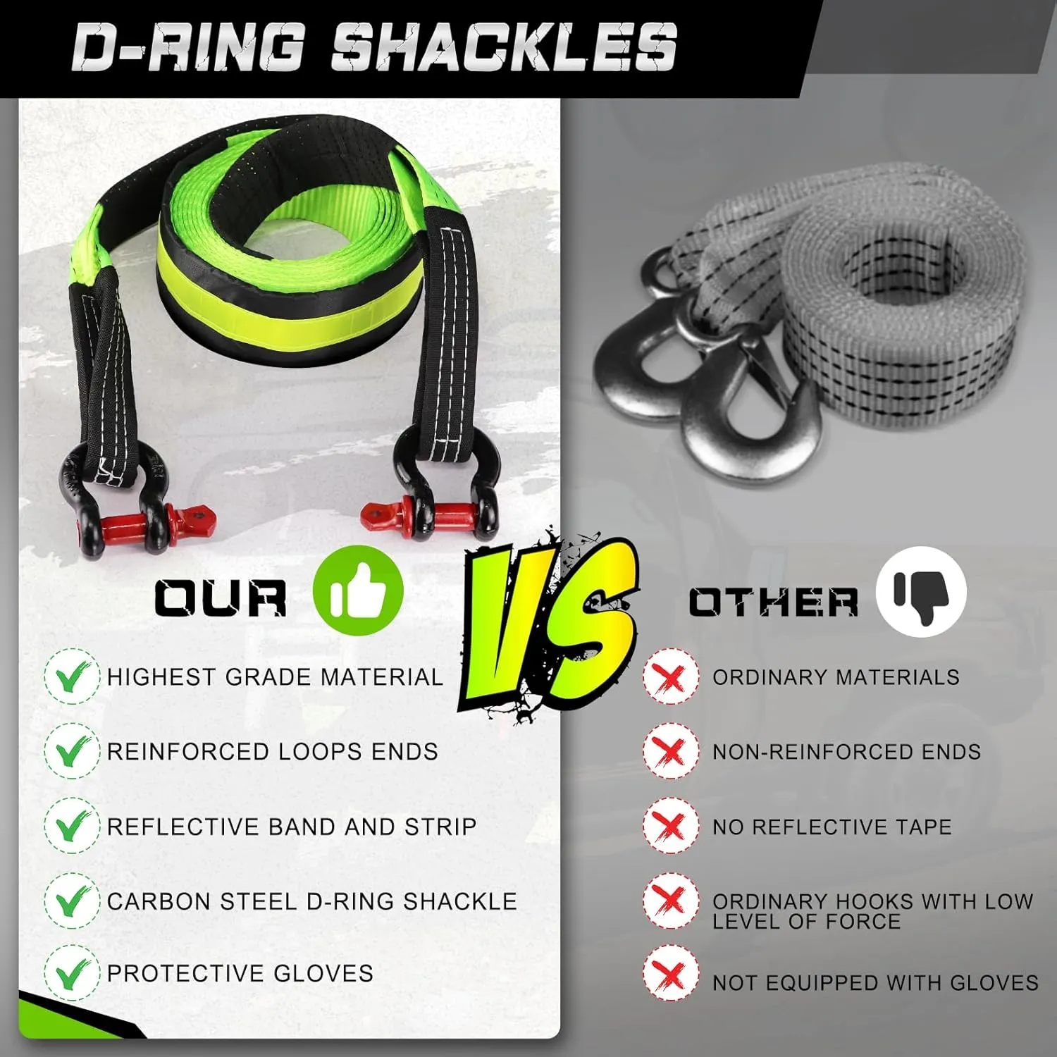 MAIKEHIGH Tow Strap Heavy Duty with Hooks, 2"×16ft (22,000Lbs) Recovery Strap with D-Ring Shackles (2pcs)   Protective Gloves (2pcs), Tow Rope for Car Truck SUV ATV (Green)