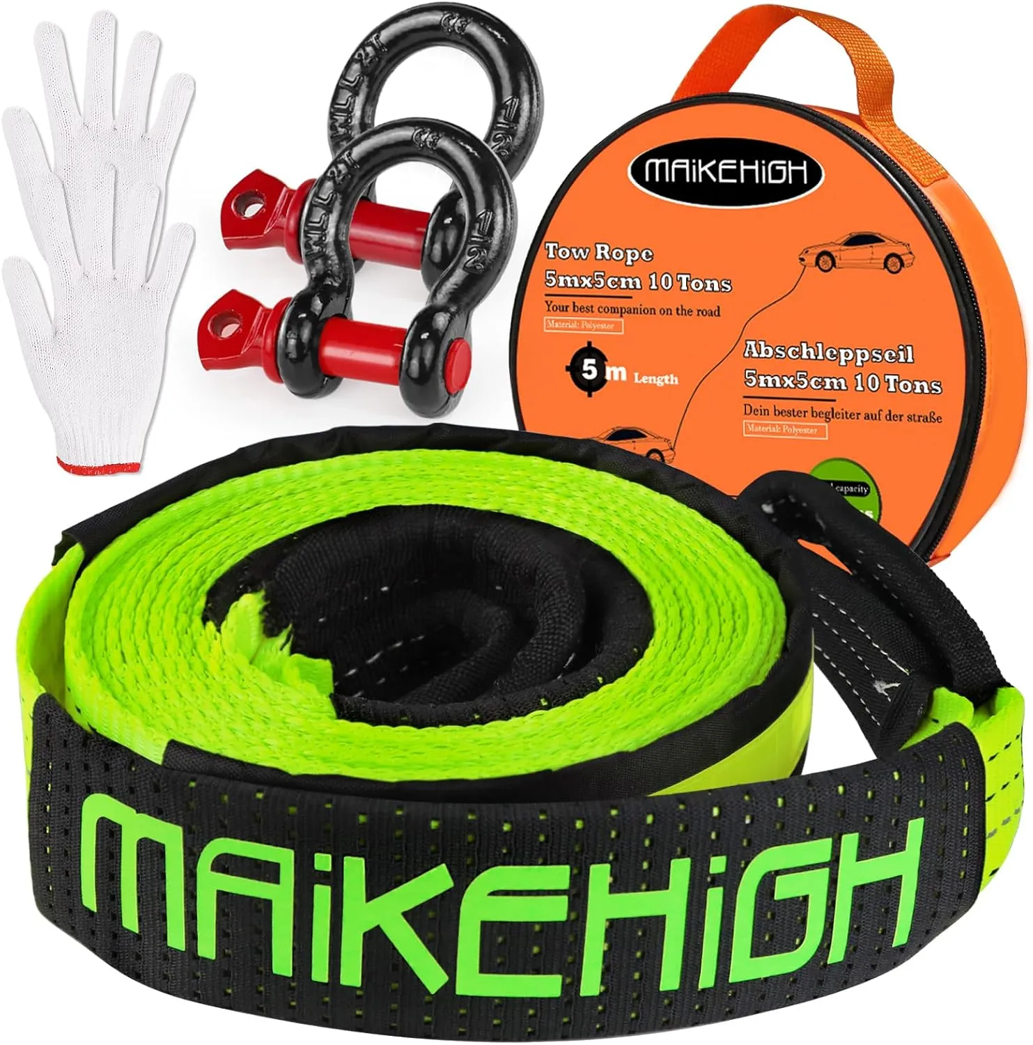 MAIKEHIGH Tow Strap Heavy Duty with Hooks, 2"×16ft (22,000Lbs) Recovery Strap with D-Ring Shackles (2pcs)   Protective Gloves (2pcs), Tow Rope for Car Truck SUV ATV (Green)