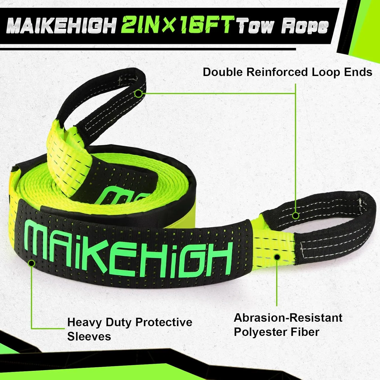 MAIKEHIGH Tow Strap Heavy Duty with Hooks, 2"×16ft (22,000Lbs) Recovery Strap with D-Ring Shackles (2pcs)   Protective Gloves (2pcs), Tow Rope for Car Truck SUV ATV (Green)