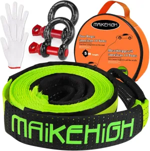 MAIKEHIGH Tow Strap Heavy Duty with Hooks, 2"×16ft (22,000Lbs) Recovery Strap with D-Ring Shackles (2pcs)   Protective Gloves (2pcs), Tow Rope for Car Truck SUV ATV (Green)