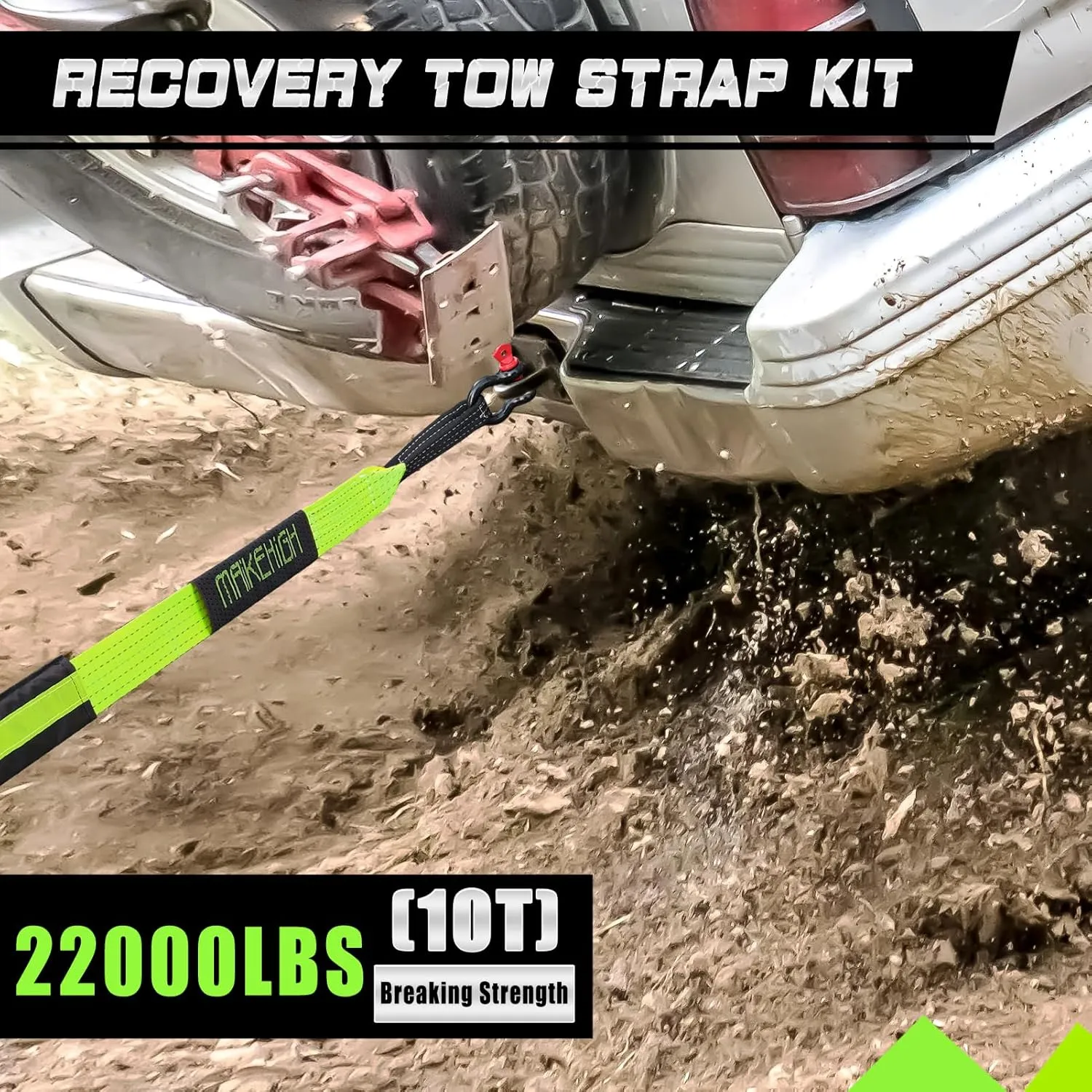 MAIKEHIGH Tow Strap Heavy Duty with Hooks, 2"×16ft (22,000Lbs) Recovery Strap with D-Ring Shackles (2pcs)   Protective Gloves (2pcs), Tow Rope for Car Truck SUV ATV (Green)