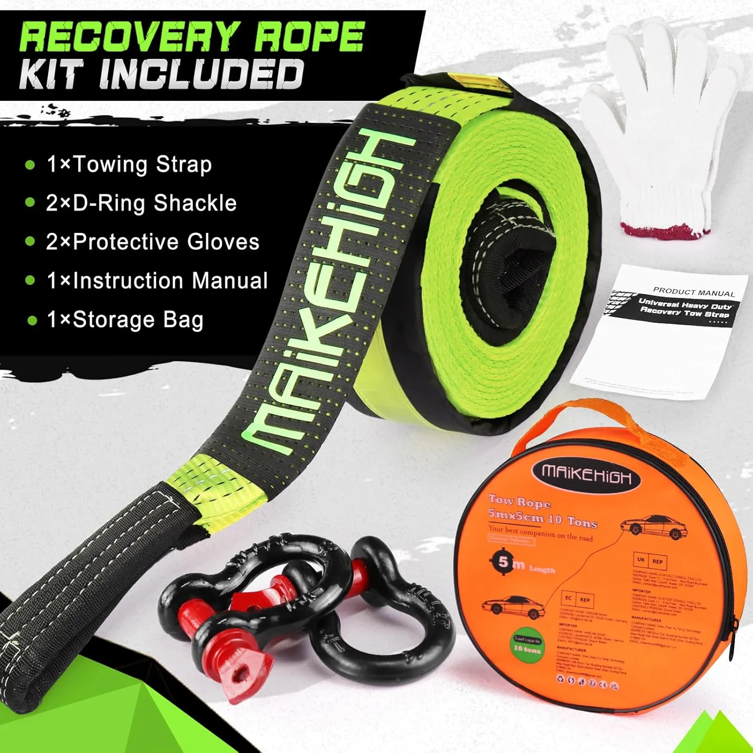 MAIKEHIGH Tow Strap Heavy Duty with Hooks, 2"×16ft (22,000Lbs) Recovery Strap with D-Ring Shackles (2pcs)   Protective Gloves (2pcs), Tow Rope for Car Truck SUV ATV (Green)