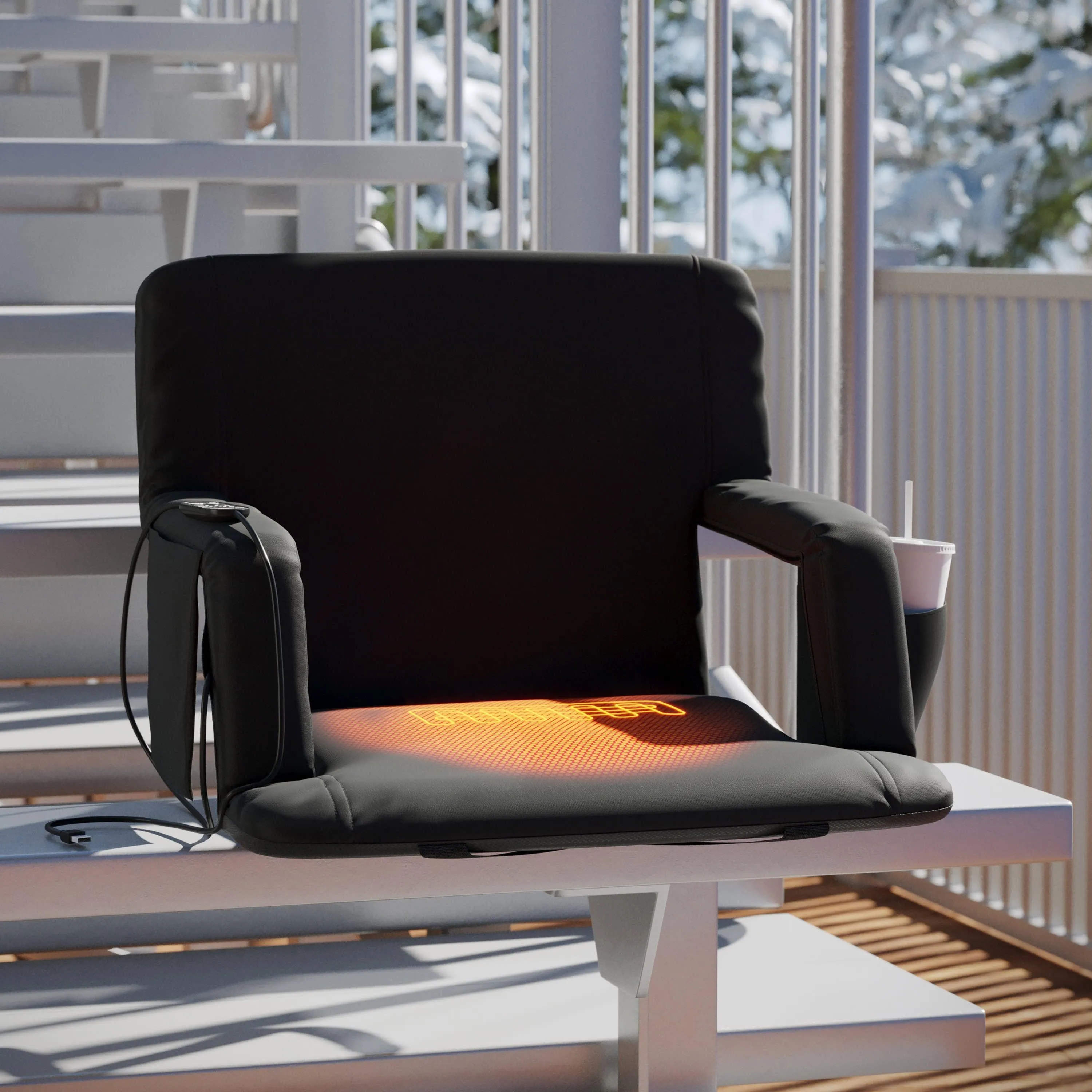 Malta Extra Wide Portable Heated Reclining Stadium Chair w/Armrests, Padded Back & Heated Seat w/Dual Storage Pockets and Backpack Straps