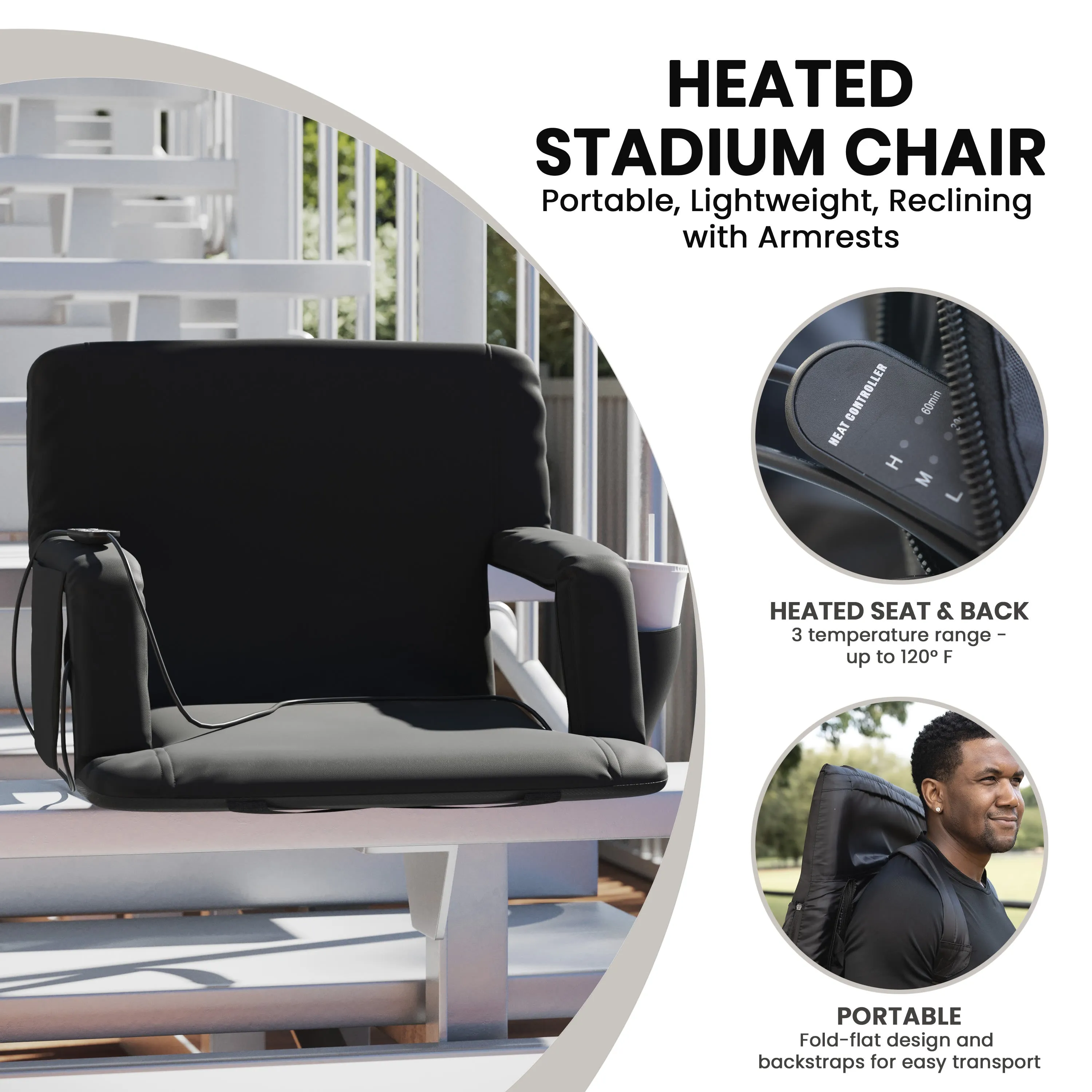 Malta Extra Wide Portable Heated Reclining Stadium Chair w/Armrests, Padded Back & Heated Seat w/Dual Storage Pockets and Backpack Straps