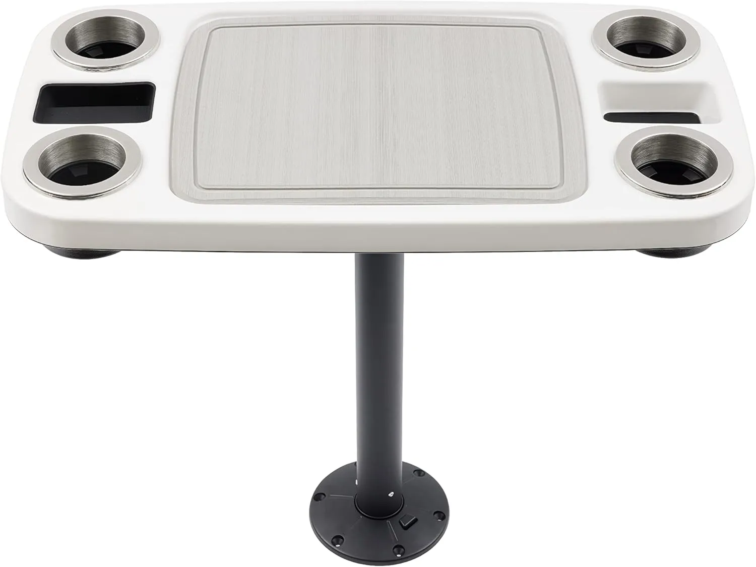 Manufacturers' Select ITC Boat Table Set - 18"x34" Removable Pontoon Boat Table with Center Non-Slip Mat, Pedestal Leg, 4 Drink Holders, & 2 Phone Stands (Glossy White, Black Leg, Titanium Grey Mat)