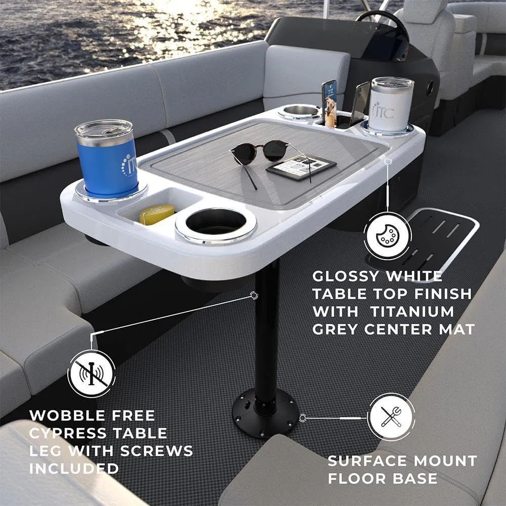 Manufacturers' Select ITC Boat Table Set - 18"x34" Removable Pontoon Boat Table with Center Non-Slip Mat, Pedestal Leg, 4 Drink Holders, & 2 Phone Stands (Glossy White, Black Leg, Titanium Grey Mat)