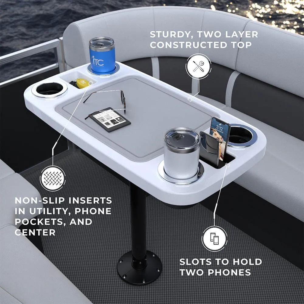 Manufacturers' Select ITC Boat Table Set - 18"x34" Removable Pontoon Boat Table with Center Non-Slip Mat, Pedestal Leg, 4 Drink Holders, & 2 Phone Stands (Glossy White, Black Leg, Titanium Grey Mat)