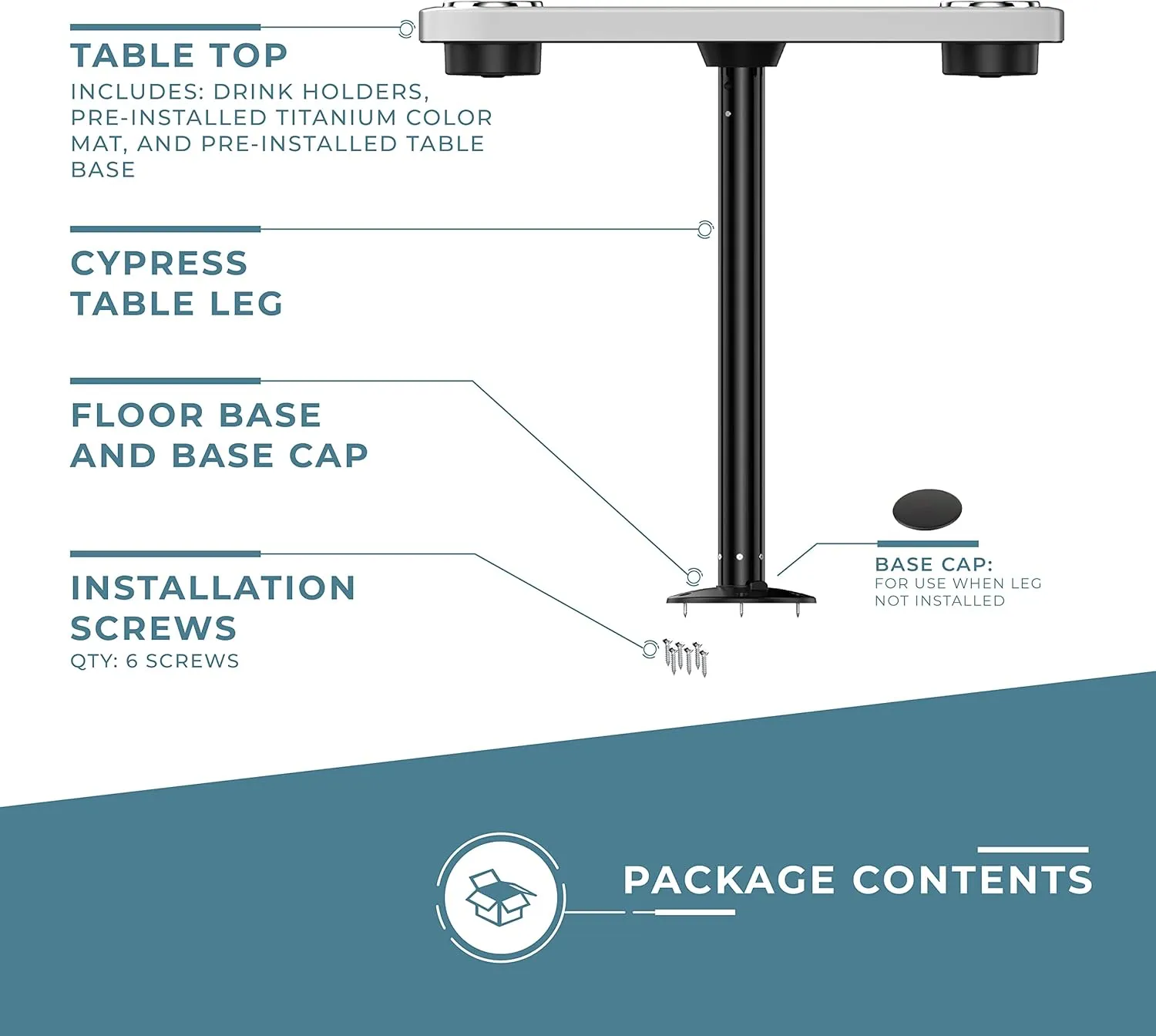 Manufacturers' Select ITC Boat Table Set - 18"x34" Removable Pontoon Boat Table with Center Non-Slip Mat, Pedestal Leg, 4 Drink Holders, & 2 Phone Stands (Glossy White, Black Leg, Titanium Grey Mat)