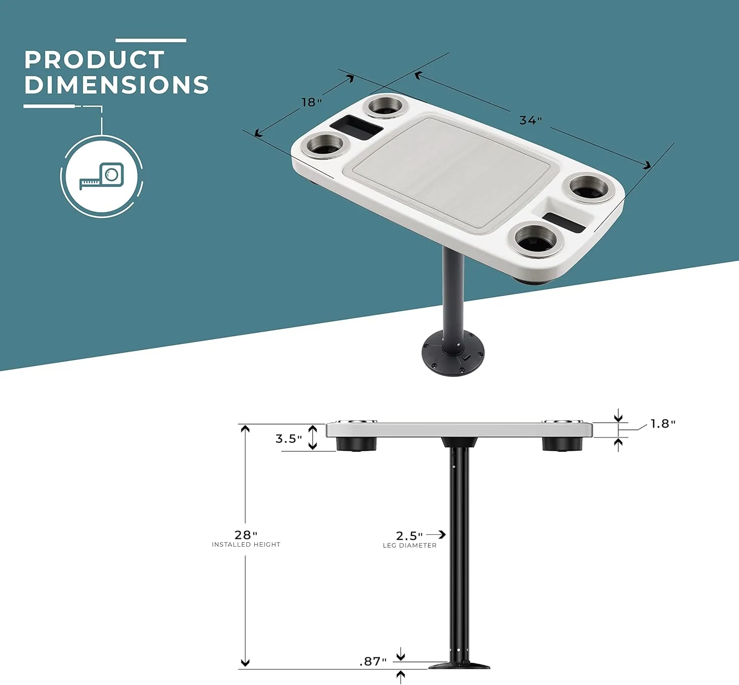 Manufacturers' Select ITC Boat Table Set - 18"x34" Removable Pontoon Boat Table with Center Non-Slip Mat, Pedestal Leg, 4 Drink Holders, & 2 Phone Stands (Glossy White, Black Leg, Titanium Grey Mat)
