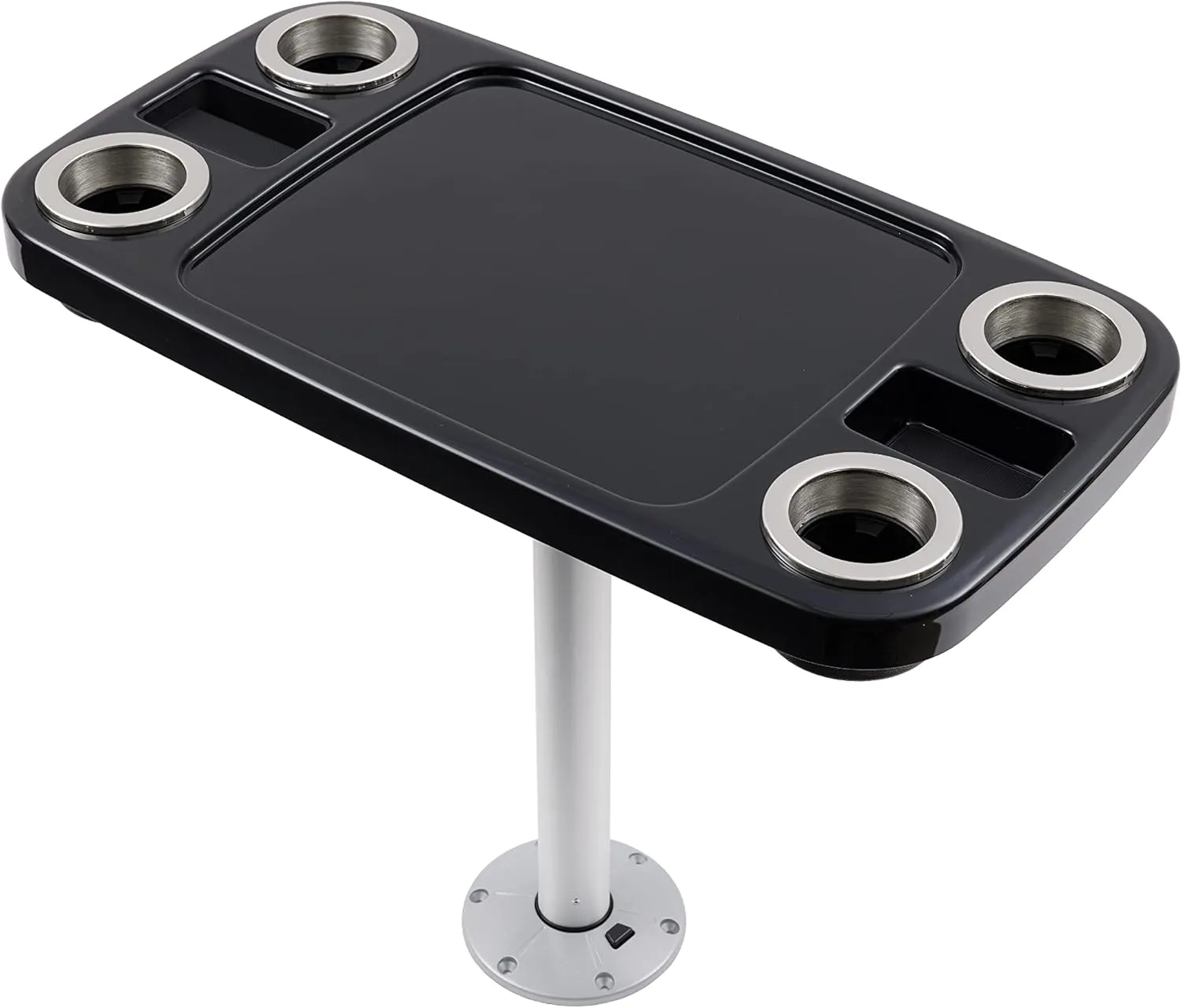 Manufacturers' Select ITC Boat Table Set - 18"x34" Removable Pontoon Boat Table with Pedestal Leg, 4 Drink Holders, and 2 Phone Stands (Glossy Black Table with Silver Leg)
