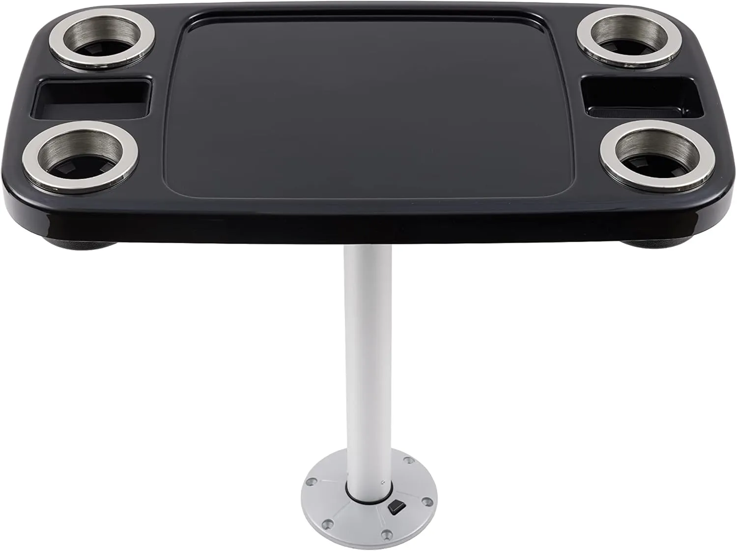 Manufacturers' Select ITC Boat Table Set - 18"x34" Removable Pontoon Boat Table with Pedestal Leg, 4 Drink Holders, and 2 Phone Stands (Glossy Black Table with Silver Leg)