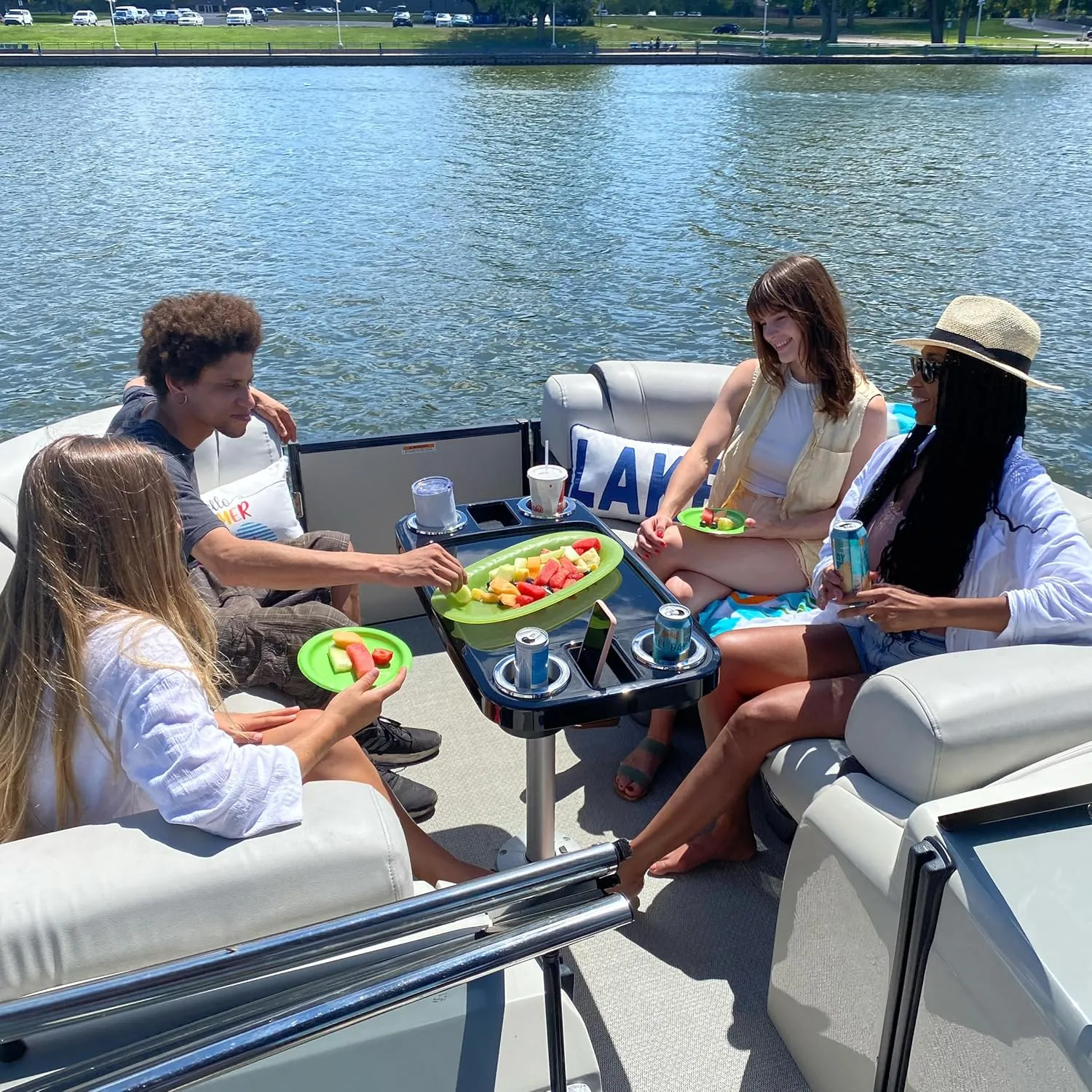 Manufacturers' Select ITC Boat Table Set - 18"x34" Removable Pontoon Boat Table with Pedestal Leg, 4 Drink Holders, and 2 Phone Stands (Glossy Black Table with Silver Leg)