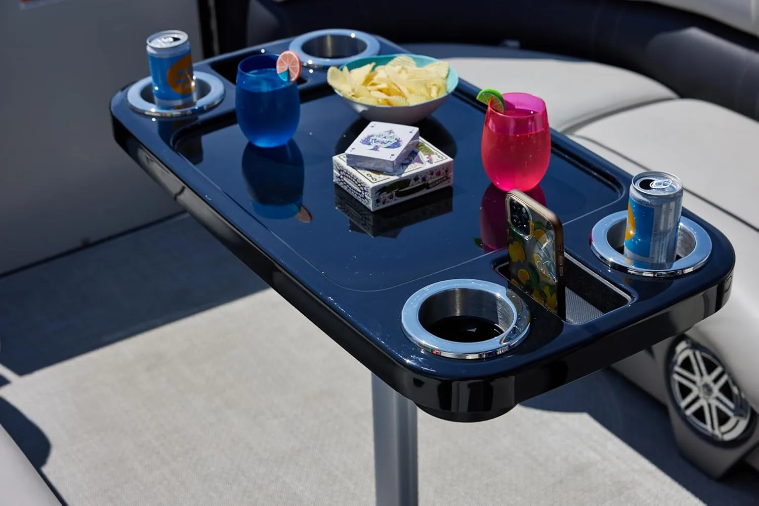 Manufacturers' Select ITC Boat Table Set - 18"x34" Removable Pontoon Boat Table with Pedestal Leg, 4 Drink Holders, and 2 Phone Stands (Glossy Black Table with Silver Leg)