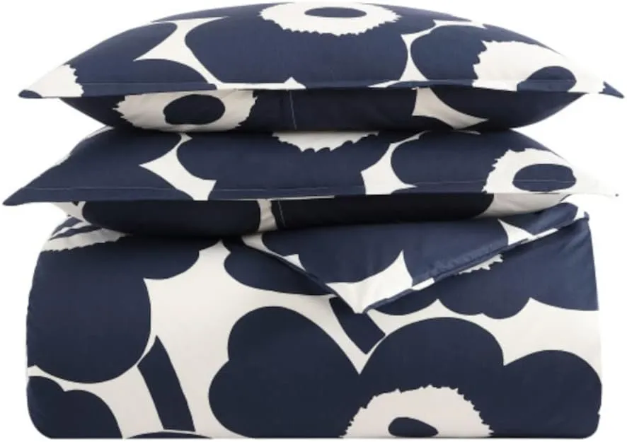 MARIMEKKO - Queen Comforter Set, Cotton Bedding with Matching Shams, Lightweight Home Decor for All Seasons (Unikko Indigo, Queen)