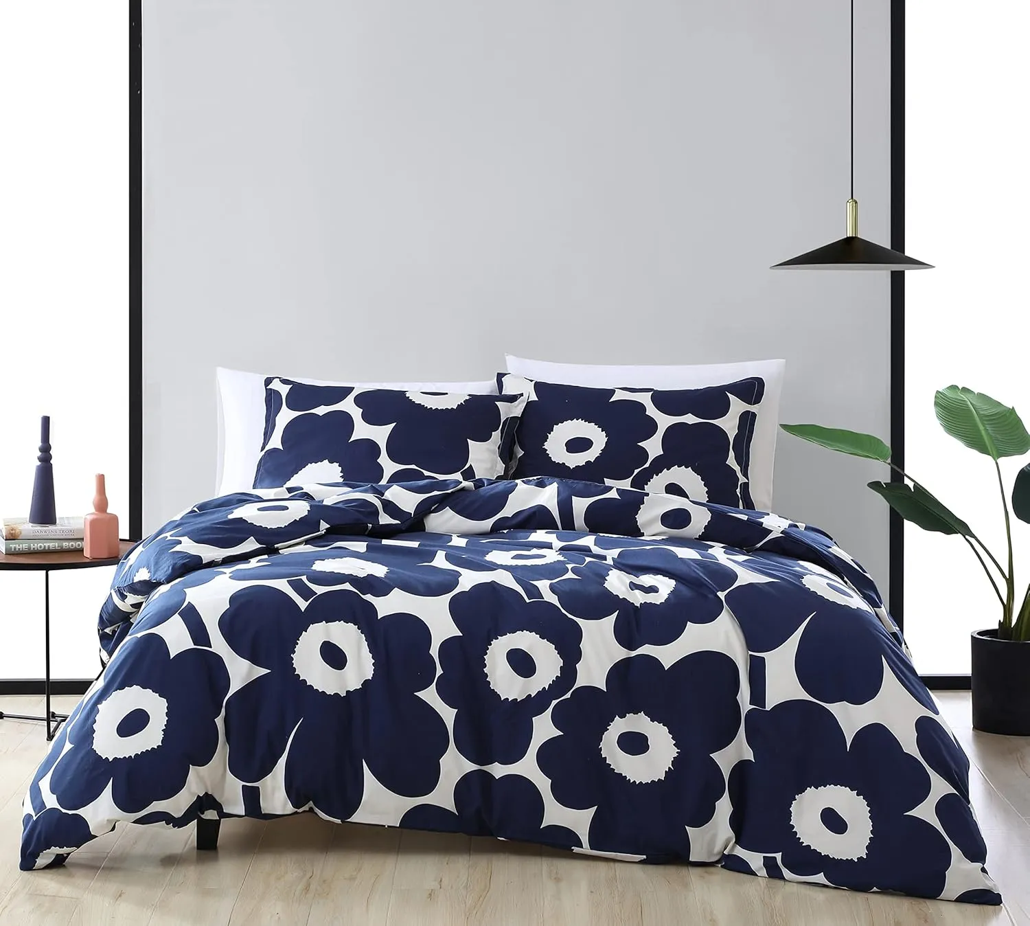 MARIMEKKO - Queen Comforter Set, Cotton Bedding with Matching Shams, Lightweight Home Decor for All Seasons (Unikko Indigo, Queen)