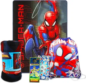 Marvel Spiderman Fleece Throw Blanket and Tote Bundle - Spiderman Kids and Teens Blanket, Tote, Stickers, and More for Boys & Girls (Size 40" x 50")