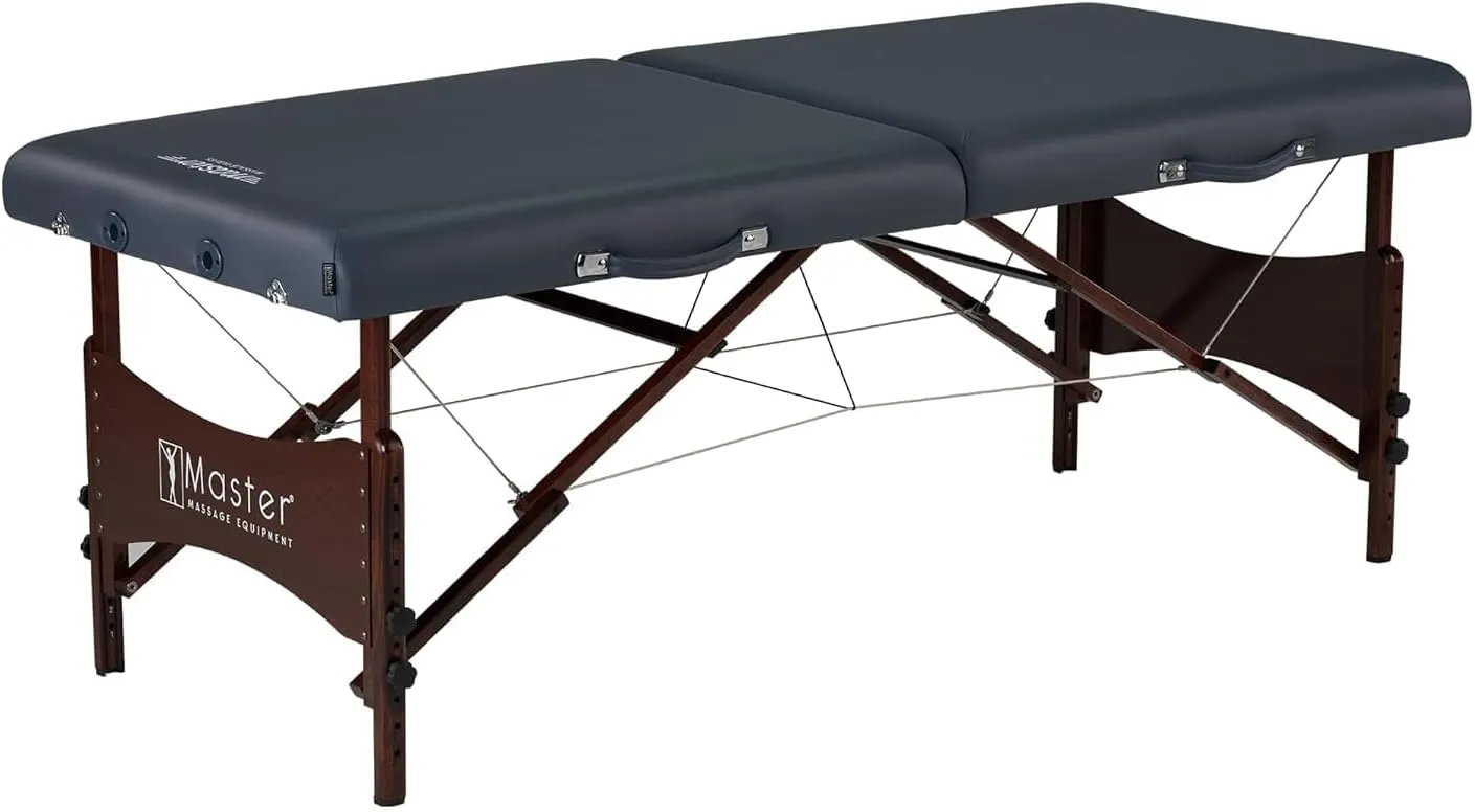 Master Massage Newport Portable Massage Table Package with Denser 2.5" Cushion, Walnut Stained Hardwood, Steel Support Cables, Pillows & Accessories, Royal Blue, 30"
