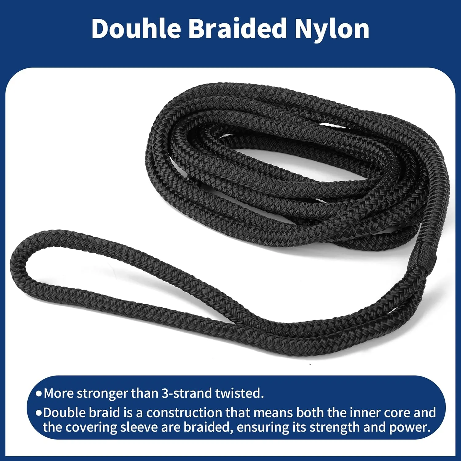 MaxWorks 51000 Marine Grade Double Braided Nylon Dock Line 4 Pack 3/8 inch x 15 ft 12 inch Spliced Eye Heavy Duty Boat Mooring Rope for Docking Black UV Weather Resistant Professional Finish