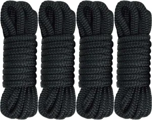 MaxWorks 51000 Marine Grade Double Braided Nylon Dock Line 4 Pack 3/8 inch x 15 ft 12 inch Spliced Eye Heavy Duty Boat Mooring Rope for Docking Black UV Weather Resistant Professional Finish