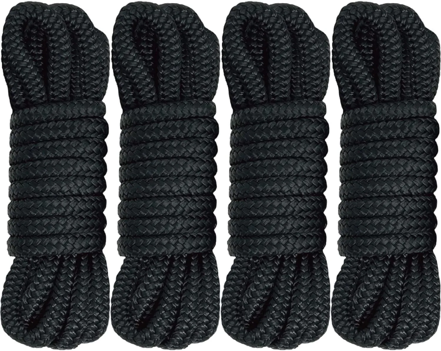 MaxWorks 51000 Marine Grade Double Braided Nylon Dock Line 4 Pack 3/8 inch x 15 ft 12 inch Spliced Eye Heavy Duty Boat Mooring Rope for Docking Black UV Weather Resistant Professional Finish